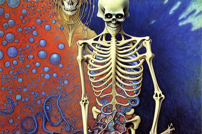 Image similar to realistic detailed closeup portrait painting of a single skeleton in a crowded futuristic street by Jean Delville, Amano, Yves Tanguy, Alphonse Mucha, Ernst Haeckel, Edward Robert Hughes, Roger Dean, rich moody colours, blue eyes