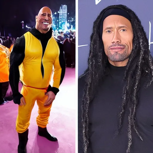 Image similar to dwayne johnson dressed as a billie eilish on a halloween night