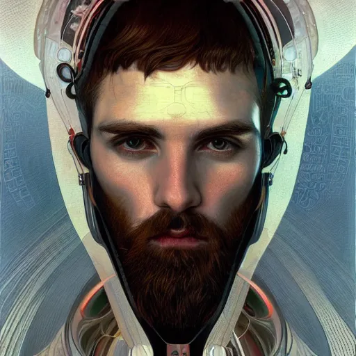 Image similar to portrait of bearded android, coy, circuitry visible in head, in the style of ex machina, karol bak, alphonse mucha, greg rutkowski, award winning, hr giger, artstation