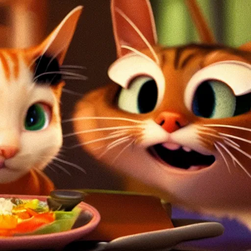 Image similar to pixar cgi cats having a nice dinner