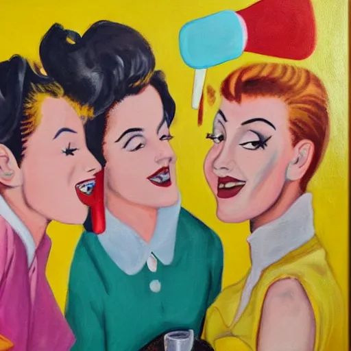 Image similar to a painting of three teenagers with rockabilly haircuts holding yellow popsicles and looking at women in the streets in the 1 9 5 0 s high details