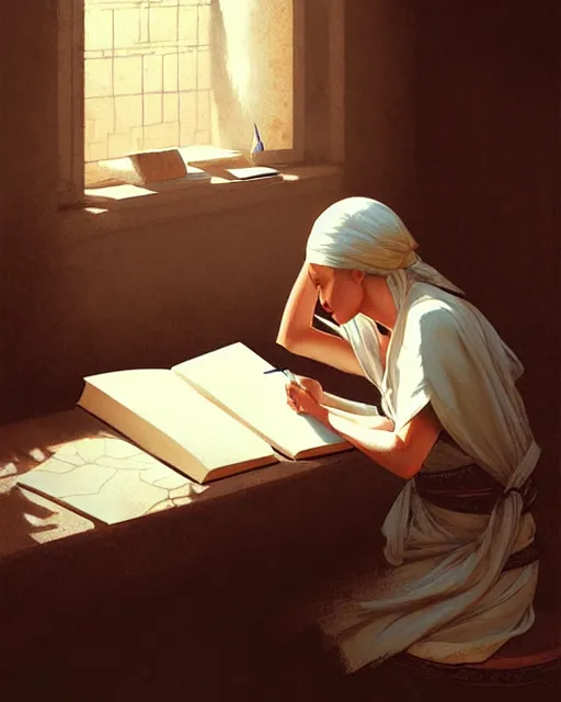 Prompt: old scribe writing a book, pov | | realistic shaded, fine details, realistic shaded lighting poster by greg rutkowski, magali villeneuve, artgerm, jeremy lipkin and michael garmash and rob rey