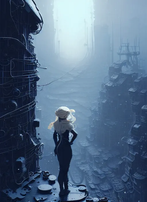 Prompt: highly detailed portrait of a hopeful frostpunk long blonde hair lady with curvy figure, stray wiring by atey ghailan, james gilleard, by joe fenton, by greg rutkowski, by greg tocchini, by kaethe butcher, 4 k resolution, gradient blue, black and white color scheme!!! ( ( glaciated robotic dystopian city background ) )