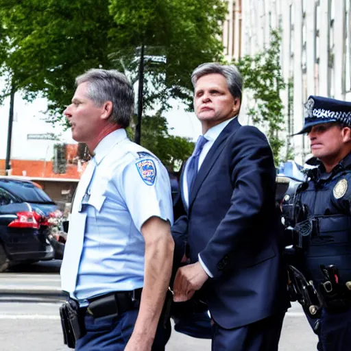 Image similar to fbi director Christopher wray getting arrested by police agents, photo 85mm, f/1.3