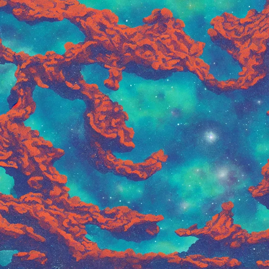 Image similar to album art of an alien landscape made out of different coloured corals and stardust, omni magazine, detailed