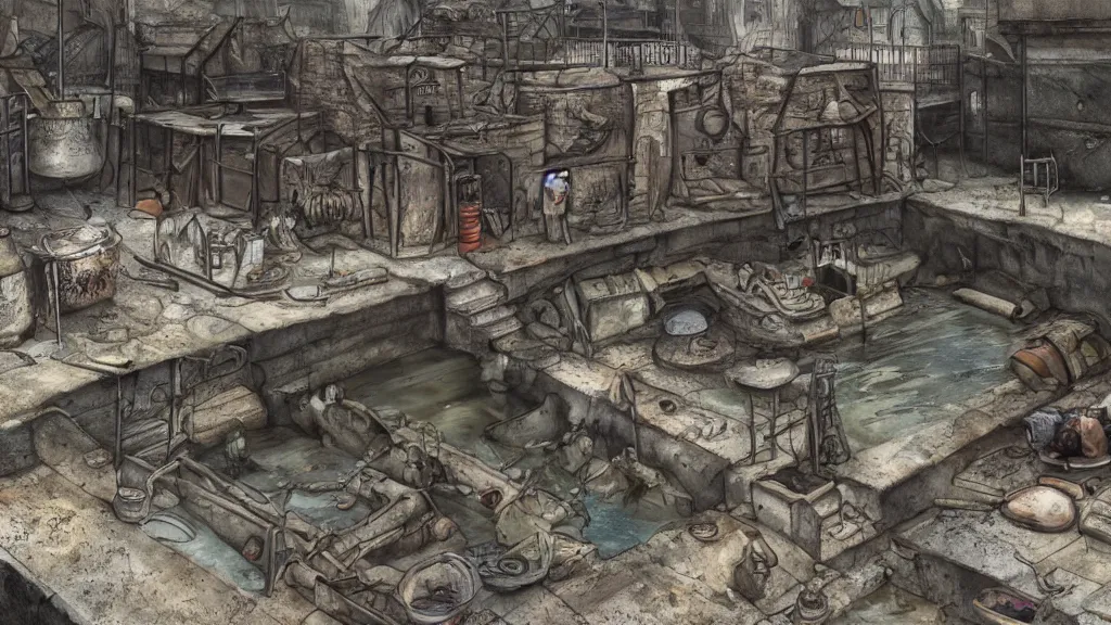 Image similar to the small underworld village under the sewage system of london, photorealistic, detailed