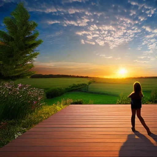 Prompt: a girl on the deck of her house looking into the wide field on the countryside during sunrise, photorealistic, cozy