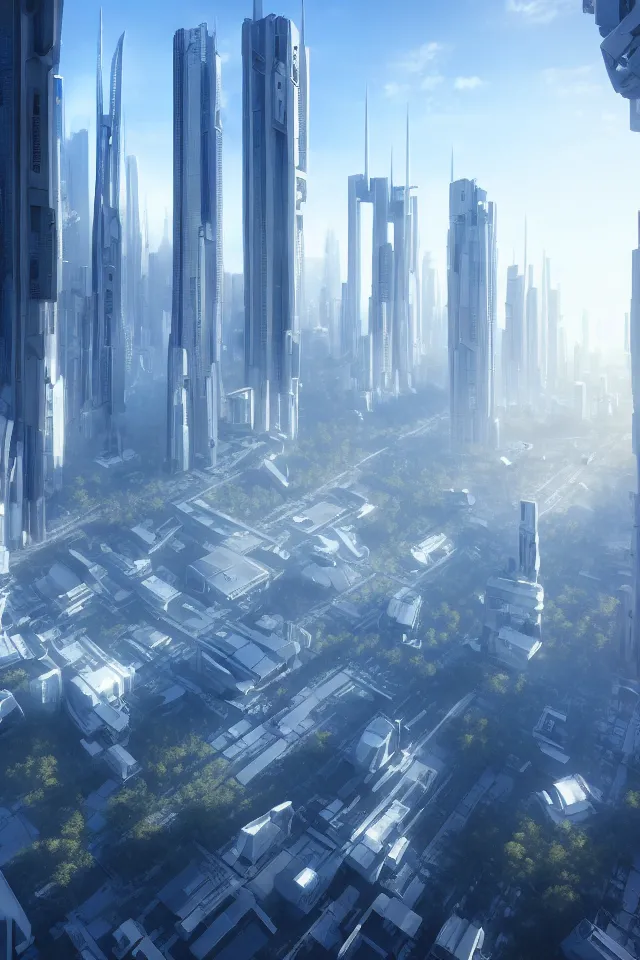 Image similar to utopian city, white buildings, by Leon Tukker, Makoto Kobayashi, synthetic light, blue trees, people on the streets, utopia, perfect, futuristic, 8k high detail, masterpiece, trending on ArtStation