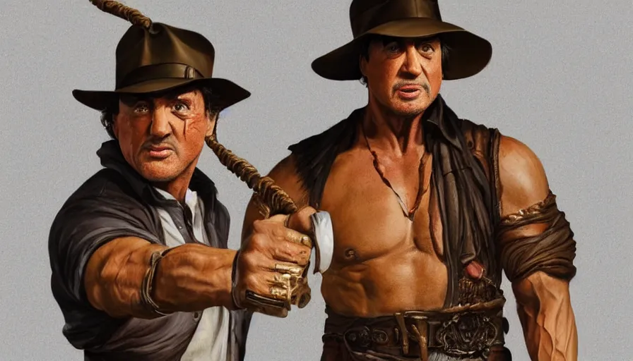 Image similar to sylvester stallone as indiana jones holding a whip in left hand and holding a golden mayan skull in the right hand, grey background, hyperdetailed, artstation, cgsociety, 8 k