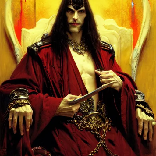 Image similar to perfectly centered portrait of attractive vampire king in a robe sitting on a throne of bones, highly detailed painting by gaston bussiere, craig mullins, j. c. leyendecker, 8 k