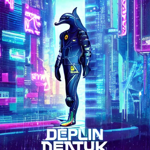 Image similar to a dolphin in cyberpunk outfit, cinematic