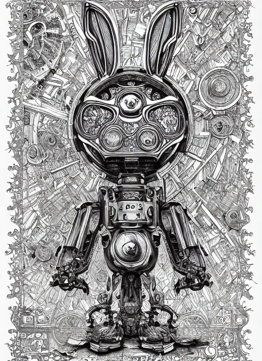 Image similar to full page scan of detailed concept art of very technical and detailed blueprint of a rabbit wood robot, intricate details, ultra - detailed, baroque style, illustration, desaturated, concept art, ornate symbolic border