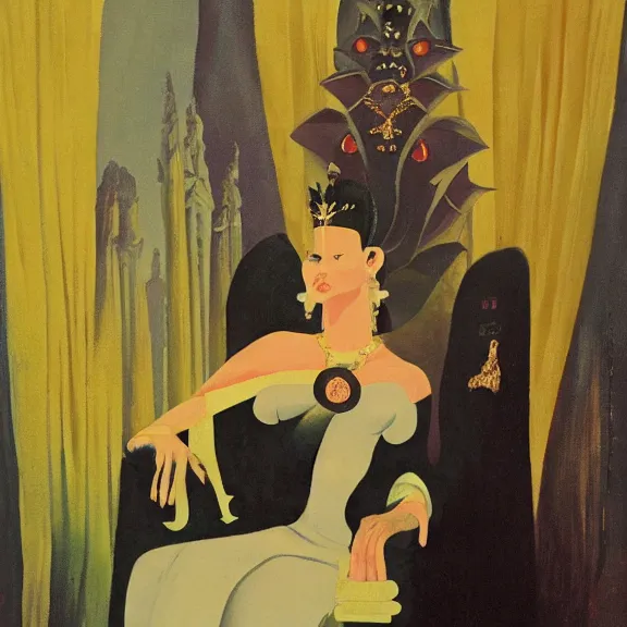 Image similar to an oil painting of a queen in a black funeral dress sitting on a throne, by bruce pennington, by eyvind earle, nicholas roerich, by frank frazetta, by georgia o keeffe