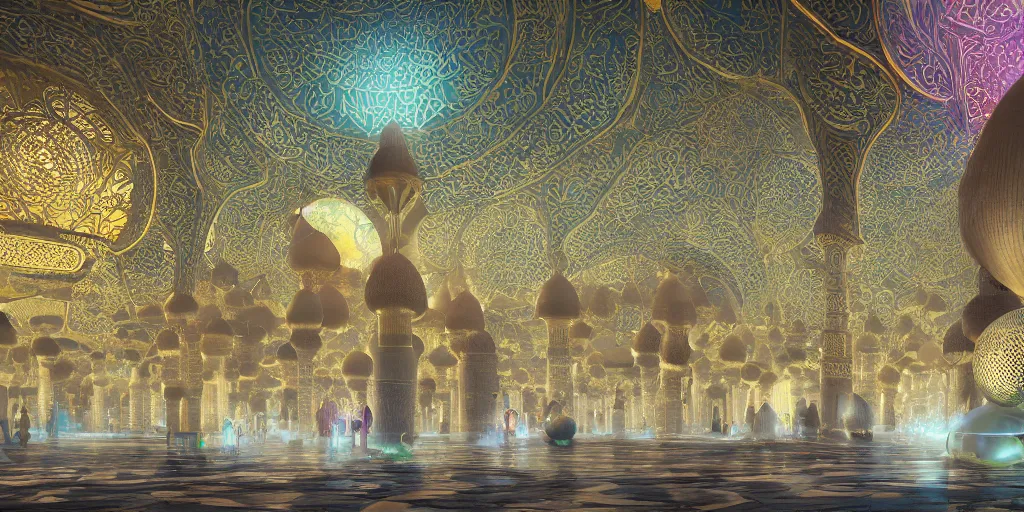 Image similar to Photorealistic mosque in giant glowing mushroom underworld, with great domes and arches, people and androids wearing traditional japanese clothing. Hyperdetailed photorealism, UHD, amazing depth, glowing rich colors, golden ration, 3D octane cycle unreal engine 5, 3d shading, cinematic lighting, artstation concept art