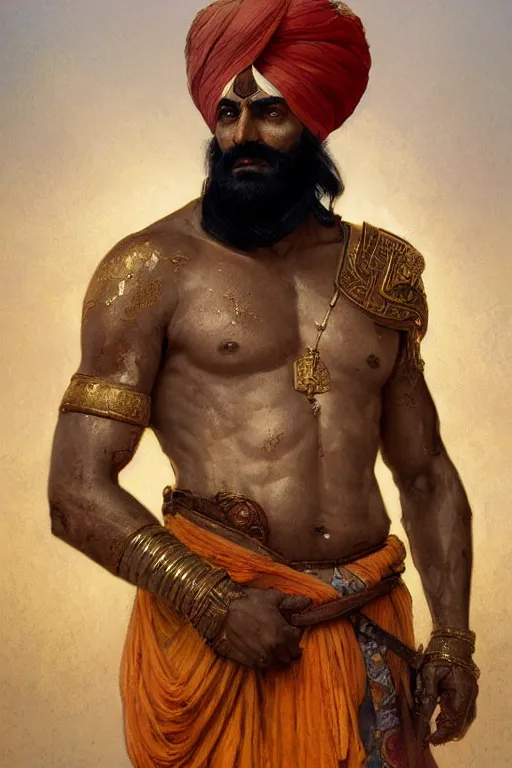 Prompt: painted portrait of rugged banda singh bahadur by greg rutkowski craig mullins art germ alphonse mucha, messy gold body paint over back and his arms, black hair handsome muscular upper body with six - pack, mature warm tone bulging bubble flowing robe [ ancient norse motifs ] background fantasy intricate elegant detailed digital painting concept art artstation sharp focus illustration