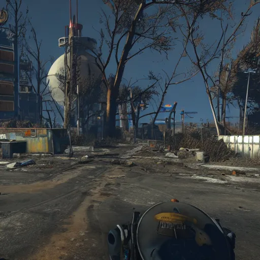 Prompt: Cape Canaveral post-nuclear war in Fallout 4, in game screenshot