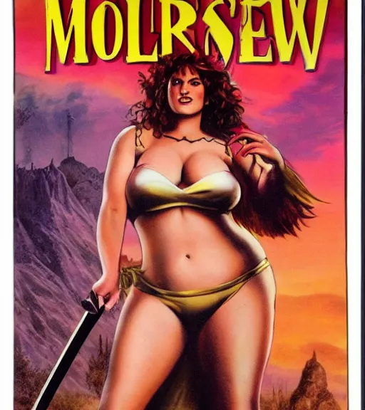 Image similar to 1 9 8 0 s fantasy novel book cover, bbw plus size amazonian young molly ringwald in extremely tight bikini armor wielding a cartoonishly large sword, exaggerated body features, dark and smoky background, low quality print