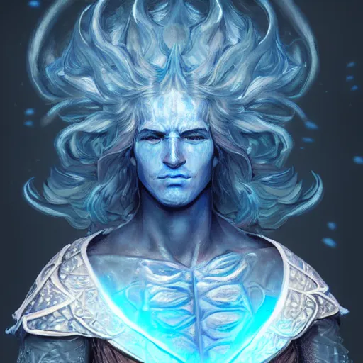 Image similar to A water genasi cleric with wavy white hair and blue skin praying to his god wearing turtle armor, illustration, artstation, highly detailed, 4k