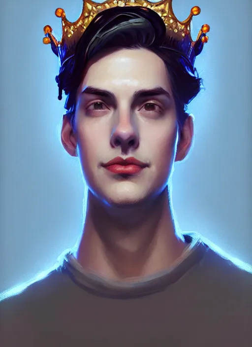 Image similar to portrait of jughead jones, wearing a crown, eyes closed, intricate, elegant, glowing lights, highly detailed, digital painting, artstation, concept art, smooth, sharp focus, illustration, art by wlop, mars ravelo and greg rutkowski