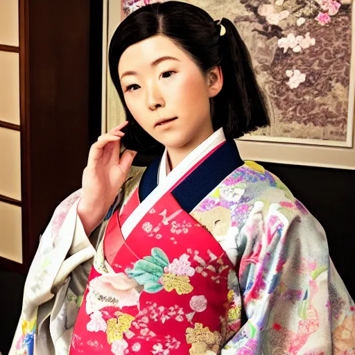 Image similar to Japanese Emma Bernache wearing kimono, realistic, photo studio, HDR, 8k, trending on artstation