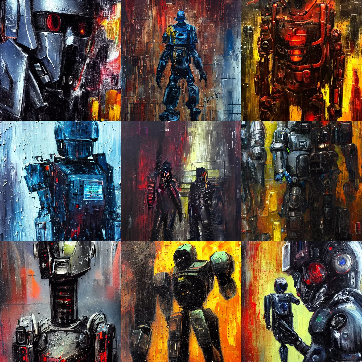 Prompt: old homeless mech humanoid androids. new york after midnight, rain. epic futuristic scene. strong personalities and characters. tired, beaten tech. neo noir style, rain, oil, blood everywhere, dramatic high contrast lighting. high action! acrylic painting, layered impasto, heavy gesture style. closeup.