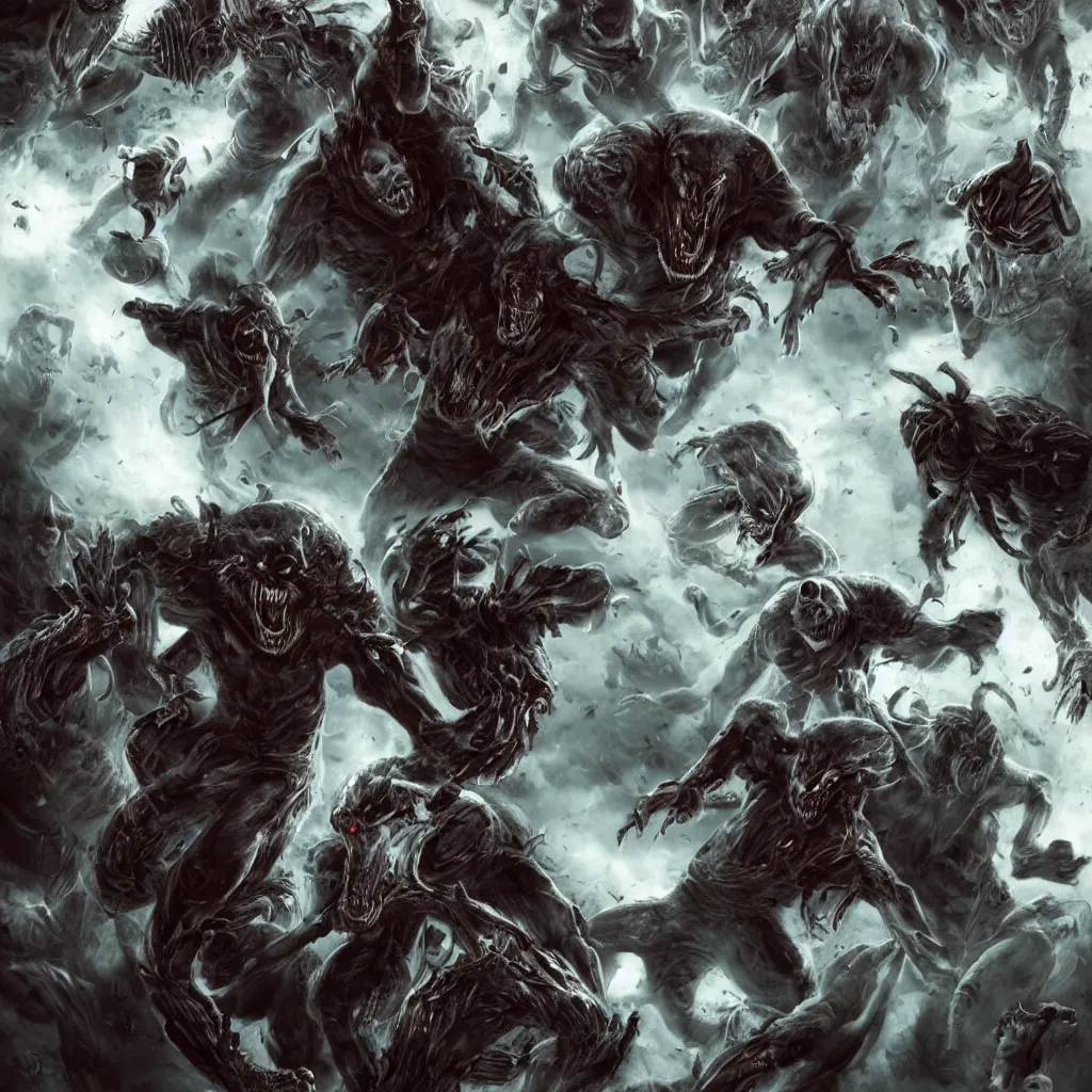 Image similar to ghosts, aliens, werewolf and vampires fighting all together, photorealistic, hd