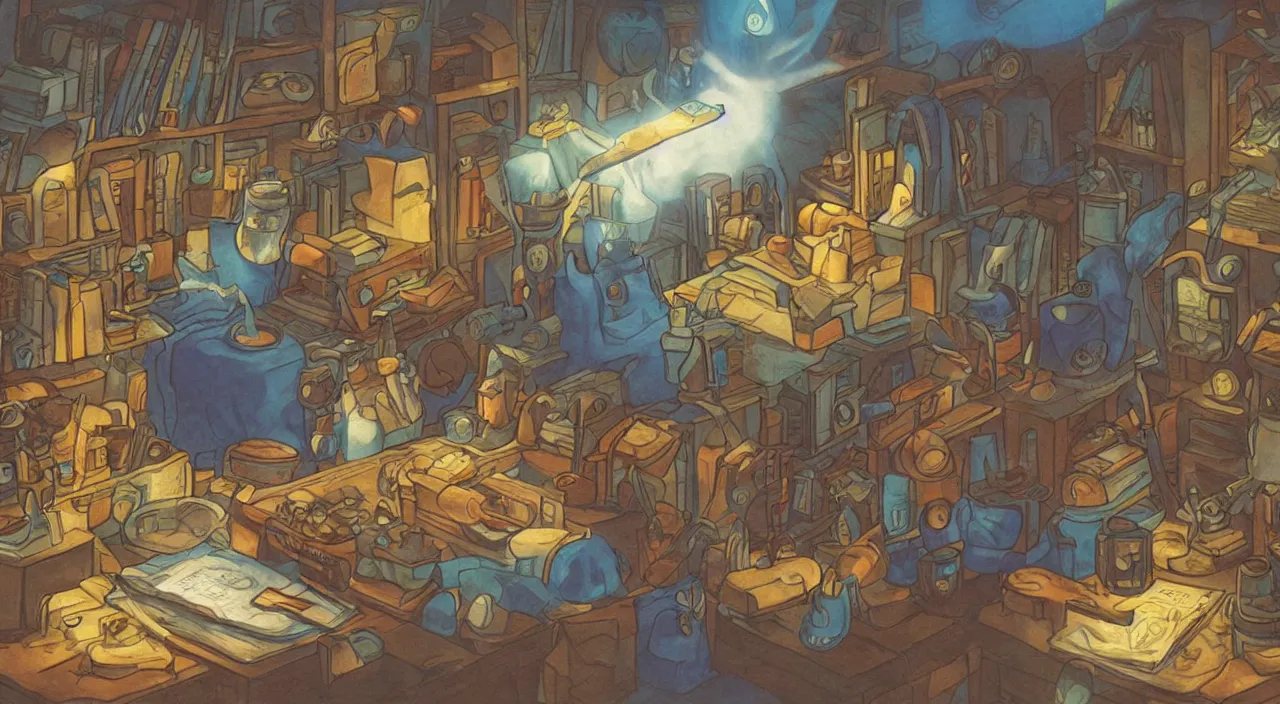 Prompt: cartoon wizard, scrolls of magic , blue light , shelves of scrolls and magic books , pot of alchemy , Dramatic lighting, Epic composition, Wide angle, by Miyazaki, Nausicaa Ghibli
