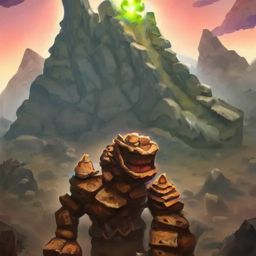 Prompt: ((((rock elemental golem character)))), dust and rock background, hearthstone art style, epic fantasy card game art