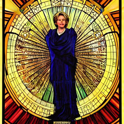 Image similar to a dramatic ethereal epic symmetrical painting of a handsome hilary clinton | tarot card, art deco, art nouveau, steampunk, realistic | by louis comfort tiffany and alphonse mucha | trending on artstation