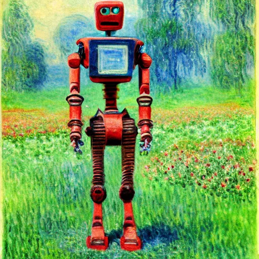 Prompt: a robot standing on flower garden, watercolor art, 1 8 8 0 s, calude monet style, colorfule, hd, uhd