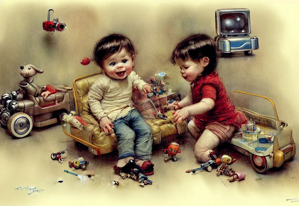 Image similar to toddler ( ( ( ( ( 1 9 5 0 retro future living room. muted colors. toys laying around ) ) ) ) ) by jean baptiste monge, chrome red