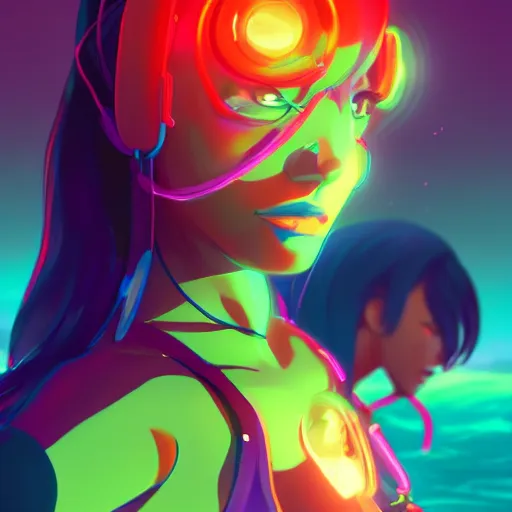 Image similar to neon bikini woman in the ocean | hyperrealistic digital painting by makoto shinkai, ilya kuvshinov, lois van baarle, rossdraws | afrofuturism in the style of hearthstone and overwatch, trending on artstation