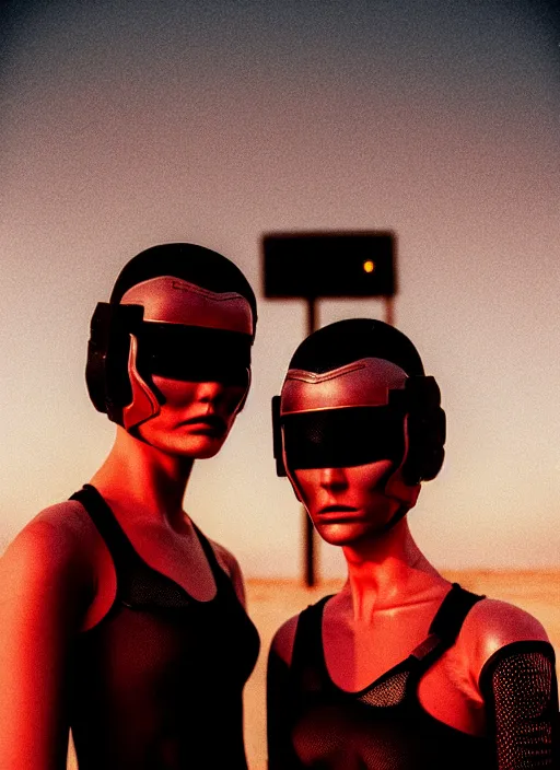 Image similar to cinestill 5 0 d photographic portrait of two loving female androids wearing rugged black mesh techwear on a desolate plain with a red sky, extreme closeup, cyberpunk style, garters, dust storm, 8 k, hd, high resolution, 3 5 mm, f / 3 2, ultra realistic faces, ex machina