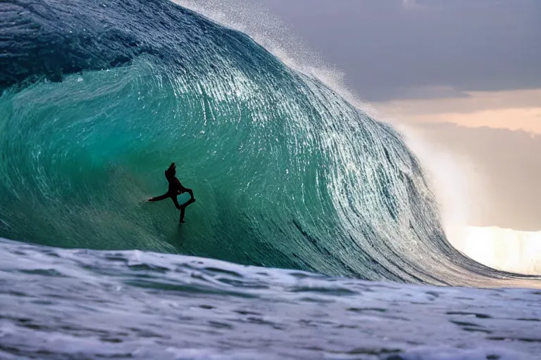 Prompt: a surf photograph of the silver surfer tucked into a massive barreling wave in bali. fast shutter speed, surf photography, dslr,