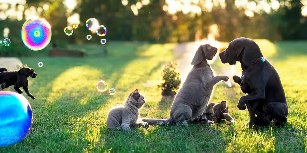 Image similar to a tiny adorable kitten and an elderly great dane are the best of friends, golden hour, back yard, giant iridescent soap bubbles fill the air, bokeh