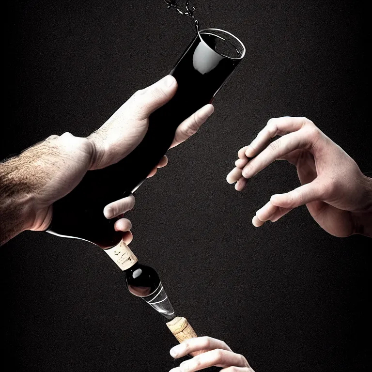 Prompt: epic professional digital art of a hand holding a corked vial of viscous black liquid; best on artstation