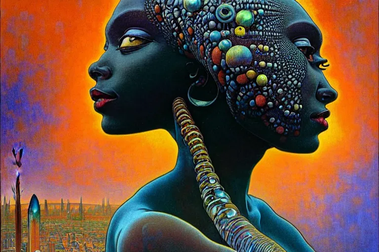 Prompt: realistic extremely detailed portrait painting of a beautiful black woman with an alien, city street on background by Jean Delville, Amano, Yves Tanguy, Ilya Repin, Alphonse Mucha, Ernst Haeckel, Edward Robert Hughes, Roger Dean, rich moody colours