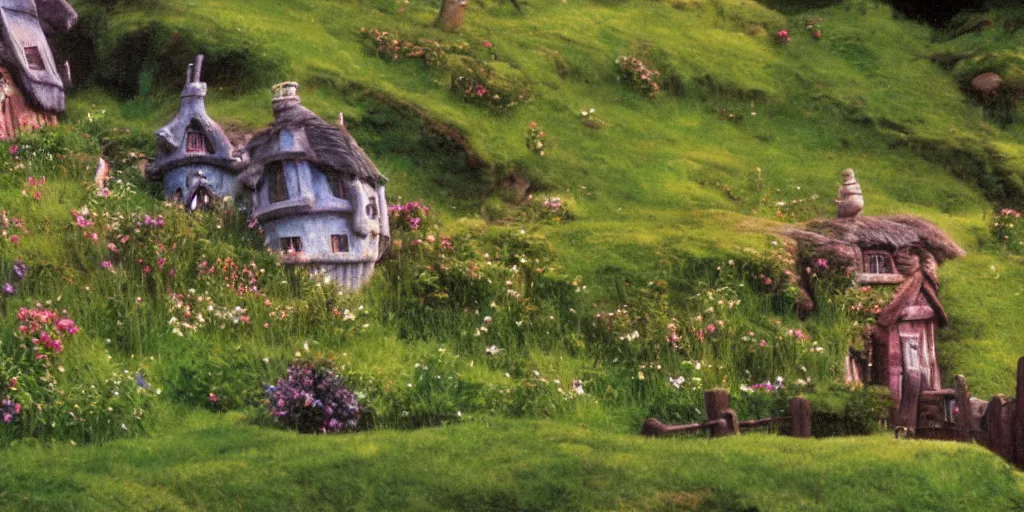 Image similar to a film still of a house from howl's moving castle!!!!! of hobbiton, light bloom, studio ghibli!!!!!