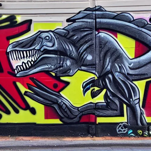 Prompt: a t-rex wearing a tuxedo suit, graffiti on a wall