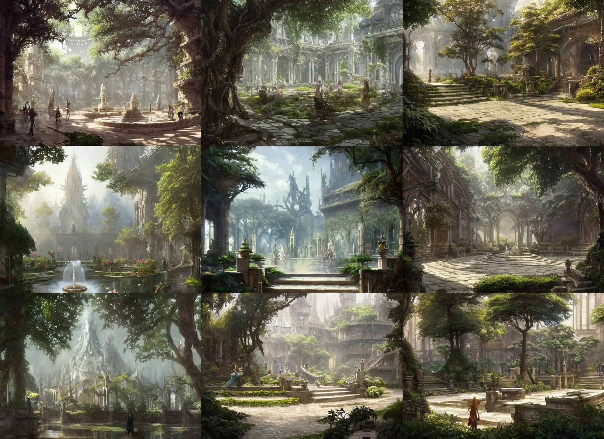 Image similar to A wide open courtyard in a beautiful elven city made of ivory, anime, lush trees, fountain, a fantasy digital painting by Greg Rutkowski and James Gurney, trending on Artstation, highly detailed