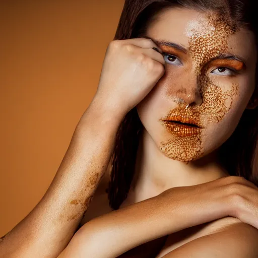 Prompt: photo shoot of a non clothes girl smeared in honey, high quality, high detail, professional shooting for a fashion magazine