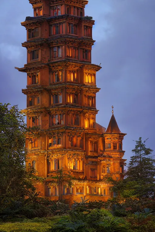 Image similar to view of the mysterious blue tower in its gardens after a storm, tall windows lit up, beautiful ornament, dramatic cinematic lighting, rich colors, by Nicholas Roerich and Ludwig Deutsch and April Gornik and Sylvain Sarrailh