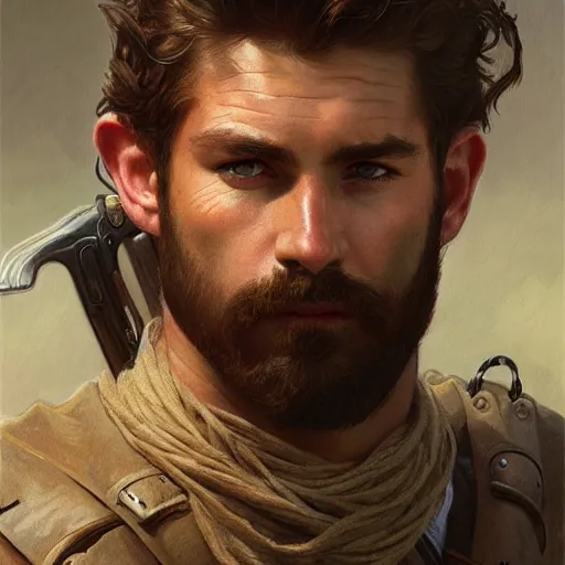 Image similar to portrait of a young rugged ranger, muscular, bust, hairy chest, D&D, fantasy, intricate, cinematic lighting, highly detailed, digital painting, artstation, concept art, smooth, sharp focus, illustration, art by Artgerm and Greg Rutkowski and Alphonse Mucha