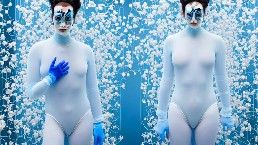 Image similar to symmetrical portrait of a woman wearing a blue embroidered translucent silicone mask and white frizzy hair buns, wearing a black bodysuit by alexander mcqueen, standing in a sterile room full of translucent silicone white flowers and plants, white background, soft diffused light, biotechnology, humanoide robot, futuristic aesthetic, translucent, ethereal, intricate details, highly detailed, masterpiece,