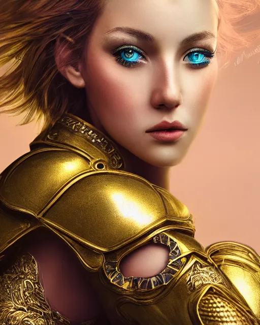 Image similar to pastel portrait of woman in shining golden armor, high production value, intricate details, high resolution, hdr, high definition, masterpiece, realistic, ultrarealistic, highly detailed, hd, sharp focus, non blurry, sharp, smooth