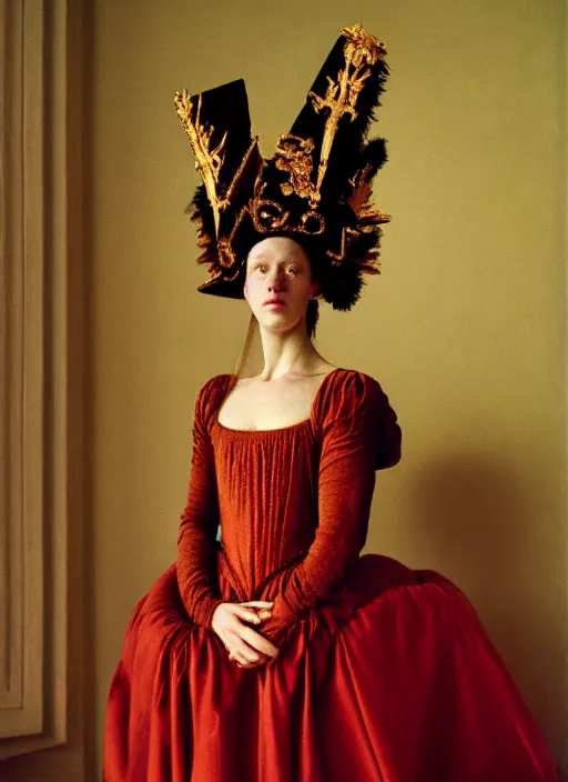 Prompt: portrait of young woman in renaissance dress and renaissance headdress, art by nan goldin