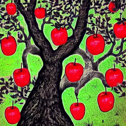 Prompt: there is a very large silver key. fine detail. realistic. fireflies. full moon. colourful. folk horror art style. bright red apples on a tree. young man