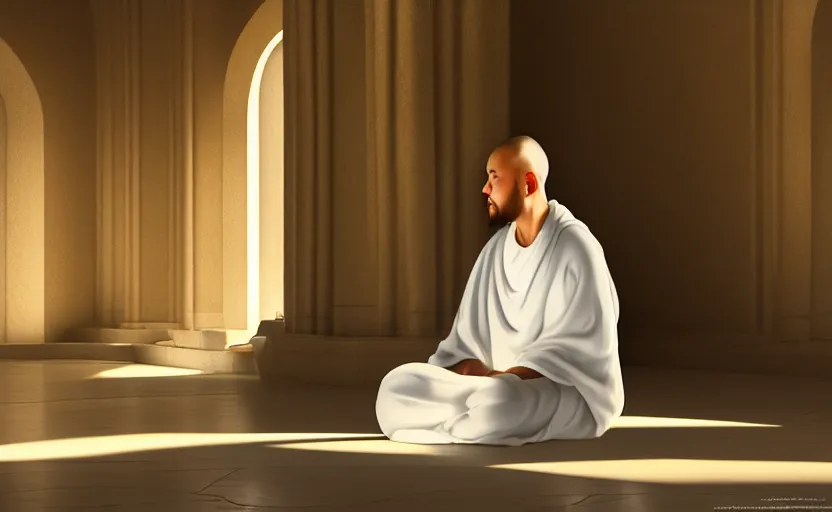 Image similar to distant monk wearing a white garment sitting inside a peaceful marble temple while being illuminated by a great ray of light, blissful, detailed, photorealism, digital oil painting, 4k