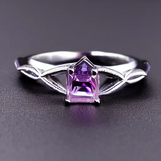 Image similar to a beautiful engagement ring, triangle purple gemstone, made out of shiny silver, high quality, photo realistic, detailed, 8k