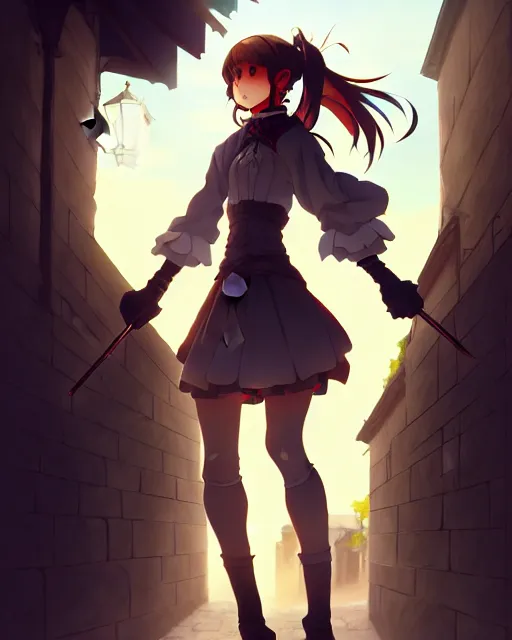 Image similar to pixiv, key anime visual portrait of a young female walking through a medieval village, dynamic pose, dynamic perspective, cinematic, dramatic lighting, detailed silhouette, film grain, yoshitaka amano, tending on artstation, face by yoh yoshinari, detailed, intricate